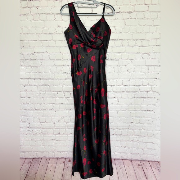 NICHOLAS Finley Silk Asymmetrical Draped Black Poppy Floral Midi Dress--4 - Picture 2 of 16